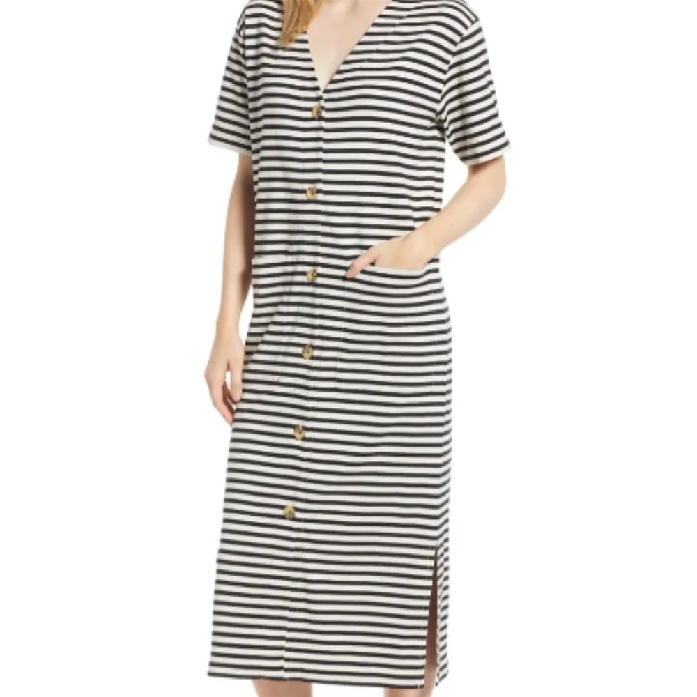 LOU & GREY Joy Stripe Button-Up Cotton Midi Dress
